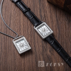 Foksy vente en gros personnalisé Quartz Zircon <span class=keywords><strong>pendentif</strong></span> collier <span class=keywords><strong>montre</strong></span> pour femmes Bracelet en acier inoxydable boîtier carré <span class=keywords><strong>montre</strong></span> avec mouvement - Product Image 6