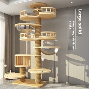 شجرة متعددة الطبقات للقطط من الخشب الصلب، إطار تسلق للقطط بدون ثقب، عمود كبير متكامل مع أنبوب ورقي - Product Image 1