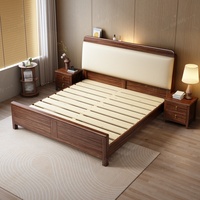 Cadre de lit moderne en bois de noyer massif, écologique et durable, avec tête de lit éclairée et rangement intégré, taille Queen