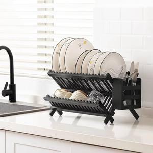 Escurridor de Platos Plegable de Bambú Negro de 2 Niveles, Escurridor de Platos Plegable con Juego de Porta Utensilios - Product Image 3