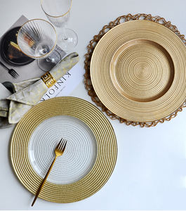 Placas de cargador contemporáneas de vidrio de rayas rojas/amarillas de lujo de 13 pulgadas, platos bajos redondos transparentes ecológicos para eventos - Product Image 6