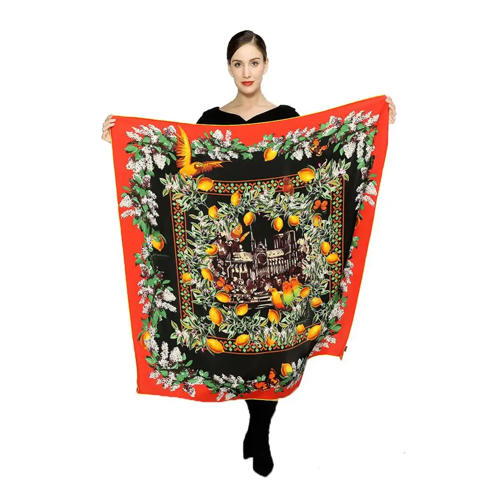 Custom Pure Silk 14ミリメートルSatin Printed Square Shawl Luxury Scarf For Women