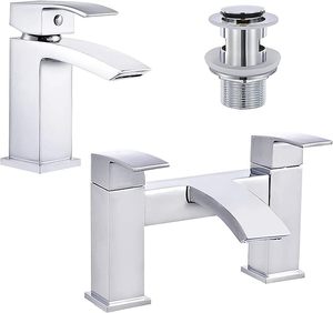 Ensemble de robinets de bain carrés en laiton chromé, mitigeurs de lavabo monobloc à double levier, robinet de baignoire et robinet de lavabo à levier unique - Product Image 1
