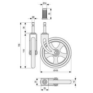 Roulette pivotante Camarena avec jante en caoutchouc, D105 EC, plaqué laiton, max. 10 kg. Avec fixation par broche. H123. - Product Image 2