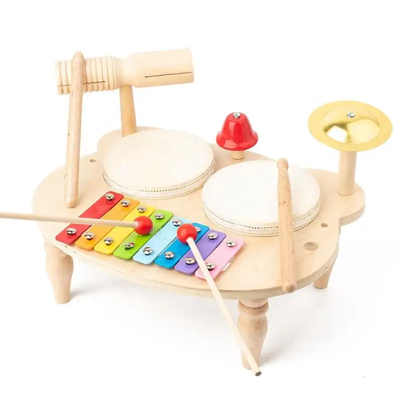 Conjunto de brinquedo musical montessori de madeira com xilofone, tambor, sino e mais-brinquedo educativo para o desenvolvimento musical infantil