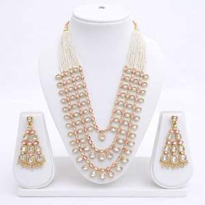 <b>Gold</b> Tone <b>Long</b> Kundan and Moti Pearl Mala with Choker <b>Necklace</b> Matching Earrings and Mangtika Set for Women - Product Image 4