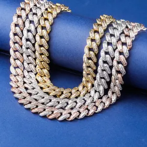 Collar de cadena de eslabones cubanos de 18 pulgadas para hombre y mujer, joyería ostentosa de hip hop con diamantes de imitación, collar de rapero de 18K, CN10058-14mm