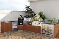 Cuisine extérieure commerciale en aluminium durable Dorene RTA 2026 avec barbecue à gaz, grand four à pizza, tiroirs coulissants