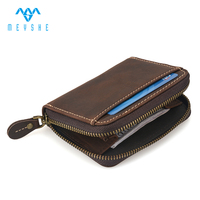 Dompet Kartu Kulit Asli Crazy Horse Berkualitas Tinggi Custom, Dompet Koin Pendek RFID dengan Ritsleting Vintage Unisex