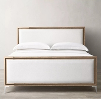 Panneau de cadre en bois massif, pied en métal, meuble de chambre à coucher king queen, lits en bois avec panneau arrière en cuir, offre spéciale