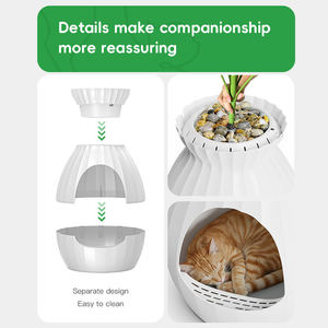 2026 Nieuwe stijlvolle & leuke multifunctionele <span class=keywords><strong>plastic</strong></span> kattenhuisje kleine dierenbed met fluwelen kussen & kunstplant decoratie binnen - Product Image 2