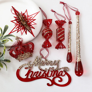 LINGKAI <b>Red</b> Gold <b>Glitter</b> Christmas Hanging Ornament Set Acrylic Xmas Tree Pendant Candy Bell Wreath for Holiday Decor - Product Image 2