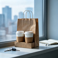 Sac en papier kraft double compartiment avec poignée, porte-gobelets à café, support pour 2 boissons, sac en papier kraft à emporter pour café