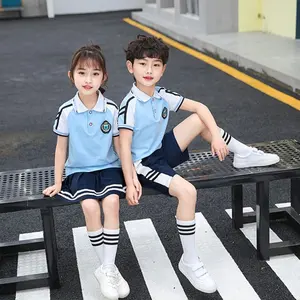 School Anti-Wrinkle 5 Colors Breathable PIQUE Cotton Clothes Design Summer Unisex Boys And Girls 2-Piece Sport School Uniform