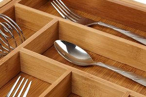Organisateur de <span class=keywords><strong>tiroir</strong></span> moderne en bambou naturel pour couverts, ustensiles de cuisine et couteaux, avec plateau poli - Product Image 5