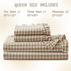 Juego de sábanas de 4 piezas tamaño Queen/King, cómodas, transpirables, de 16 pulgadas, con bolsillo profundo, respetuosas con la piel, a cuadros, con volantes, funda de almohada de algodón a cuadros - Product Image 3