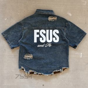 Streetwear giacca <span class=keywords><strong>camicia</strong></span> di <span class=keywords><strong>Jeans</strong></span> a manica corta Vintage strappata e lavata <span class=keywords><strong>camicia</strong></span> personalizzata con orlo grezzo con orlo abbottonatura camicie in Denim da <span class=keywords><strong>uomo</strong></span> - Product Image 2