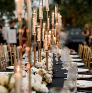 Candelabro a più bracci in metallo dorato con paralume in acrilico trasparente, portacandele per matrimoni, banchetti, cene romantiche, decorazione a più livelli alta - Product Image 1