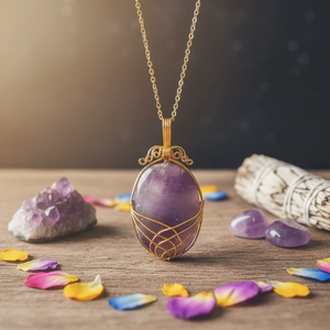 Handmade Golden <b>Wire</b> Wrapped Oval Shaped Amethyst Natural Crystal Agate Pendant Necklace Floral Reiki Healing Gemstone <b>Flower</b> - Product Image 3