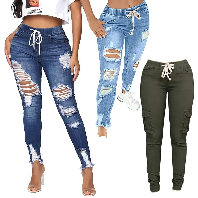 Womens Cut Out Jeans 5XL Drawstring Stretch Ripped Skinny Trousers Distressed Denim Joggers Boyfriend Jeans Cargo Pants