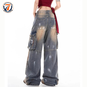 Calças Cargo Unissex Personalizadas em <span class=keywords><strong>Jeans</strong></span> Vintage Desgastado com Estampa Tie-Dye e Múltiplos Bolsos com Zíper - Product Image 4