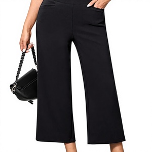 Women's High Waist <b>Wide</b> <b>Leg</b> Pants Elastic Waist Calf-Length <b>Cropped</b> <b>Trousers</b> Solid <b>Black</b> Casual with Pockets - Product Image 3
