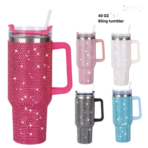 Glitter 40oz rhinestone bling diamond tumbler with handle Vacuum Insulated Stainless Steel Bottle cup with lid and straw