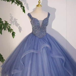 Spring Princess Evening Gown Royal Blue Chiffon Ball Gown Sweetheart Neckline Empire Waistline Glitter Dress - Product Image 2