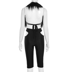 ชุดเซ็ต 2 ชิ้นสำหรับผู้หญิง ฤดูใบไม้ร่วง 2025 รุ่น G00829C เสื้อเปิดหลังแบบผูกคอ แต่งขนเฟอร์เทียมสุดเซ็กซี่ + กางเกงขาสั้นทรงแคปรีแบบเว้าเข้าชุด สไตล์ Coquette Midnight Club - Product Image 6