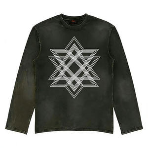 Vintage Washed <strong>Dark</strong> Gray Men Long Sleeve T Shirt with Intricate Geometric <strong>Star</strong> Hexagon Pattern Print Casual Streetwear - Product Image 3