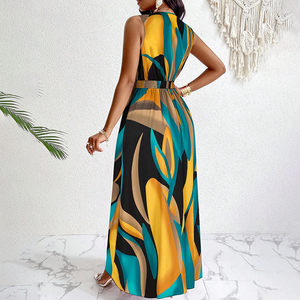 Elegante Abito Lungo con Collo all'Americana, Scollo Profondo a V, <span class=keywords><strong>Stampa</strong></span> Color Block, Stile Fluido con Cintura, Abito Estivo da Donna per Feste Tropicali - Product Image 2