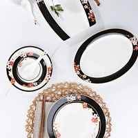 Talheres chinesas vermelho e branco flor com fundo preto osso conjunto de jantar da china