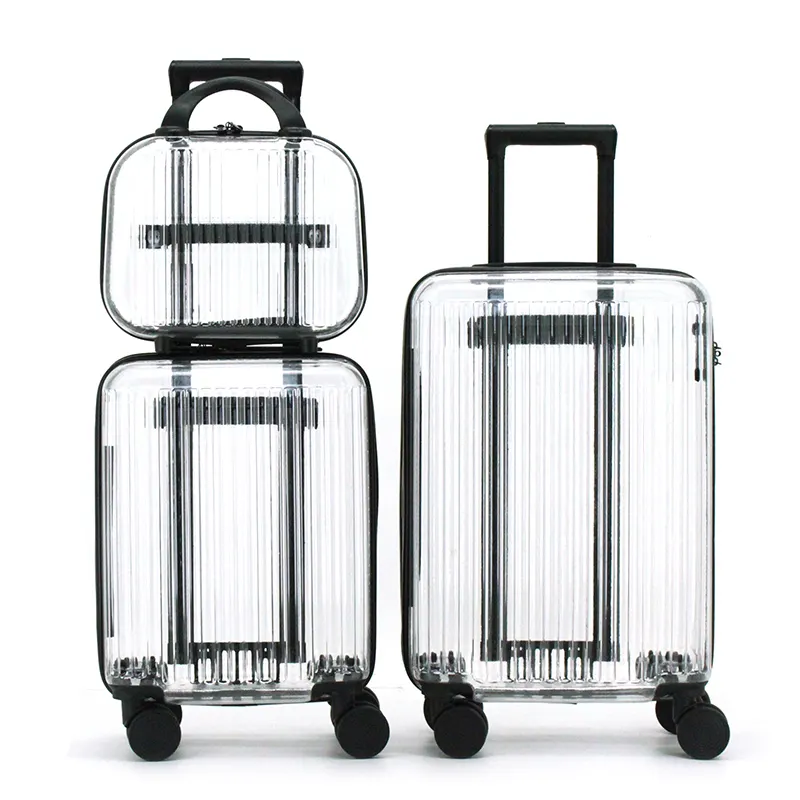 थोक कस्टम उच्च गुणवत्ता सूटकेस पीसी स्मार्ट शांत स्पष्ट यात्रा केबिन सामान फैशन पारदर्शी ट्रॉली बैग सामान