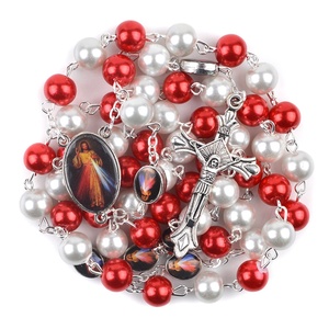 Colgante de cuentas de cristal rojo y blanco de 8mm Rosario DE LA Misericordia Sagrada con cuentas de metal de la Misericordia de Jesús Collar de oración católica