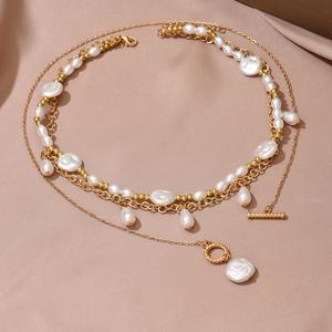 Самое популярное изящное многослойное женское ожерелье с неровными жемчужинами и позолотой для романтических свиданий - Product Image 1