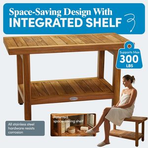 Teak Bathroom Stool Solid Wood Shower Room Seat With <b>Storage</b> Shelf For <b>Bath</b> And Entryway Use - Product Image 2