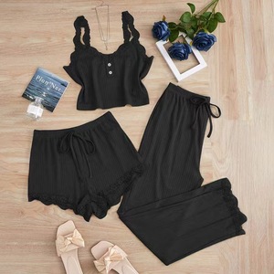 Conjunto de Pijama de Verano para Mujer, 3 Piezas, Camiseta sin Mangas, Pantalones Cortos y Largos, con Encaje, Sexy, Ropa de Dormir, para el Hogar, Año Nuevo Chino, Halloween - Product Image 4