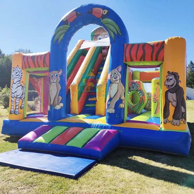 Kids outdoor party commercial bouncy castle with slide structure gonflable inflatable safari park