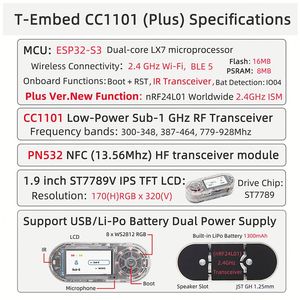 บอร์ดพัฒนา T-Embed CC1101 ESP32-S3 ตัวรับส่งสัญญาณ RF ความถี่ต่ำ Sub-1 GHz โมดูล PN532 NFC RFID I2C แบตเตอรี่ 1300mAh รองรับ Wi-Fi 2.4GHz และ BLE - Product Image 5