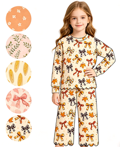 Ensembles de vêtements pour enfants personnalisés, décontractés, à motifs floraux, avec nœuds colorés, comprenant un t-shirt à manches longues et un pantalon long à jambes larges à bord festonné, pour sœurs - Product Image 1