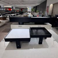 Ensemble de 2 tables basses gigognes modernes en MDF avec placage frêne, plateau en verre imitation marbre noir mat et structure en acier inoxydable – En stock