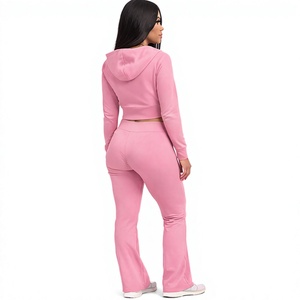 Conjunto de Sudadera Corta con Cremallera y Pantalones Acampanados de Cintura Alta Rosa para Mujer con Logotipo Personalizado - Chándal de Dos Piezas - Product Image 3