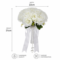 Bouquet de Mariage Artificiel en Satin Blanc avec Strass, Perles et Roses Artificielles, Fleur à Main pour Cérémonie, Accessoire de Robe