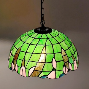 LongHuiJing 16 Inch Tiffany Style Stained Glass Hanging Lamp Vintage Green Stained Glass Ceiling <b>Light</b> - Product Image 5