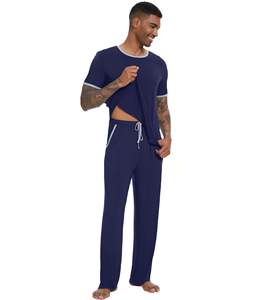 WiWi Herren Kurzarm-Pyjama-<span class=keywords><strong>Set</strong></span> Schlafanzug Lässige Weiche Schlafsets mit Taschen Loungewear Viskose aus Bambus - Product Image 2