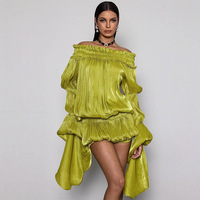 Ensemble 2 pièces en mousseline pour femme : Robe à manches bulles épaules dénudées et short plissé – Tenue d'été élégante