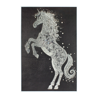 Art mural cuir texturé 3D décoré de perles, tableau licorne argentée florale élégant pour décoration intérieure moderne