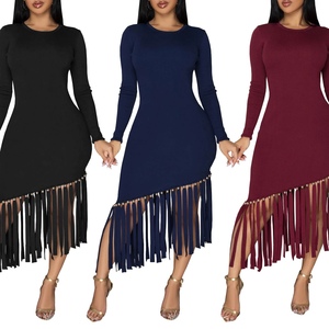 Vestidos de Moda para Mujer, Ajustados, de Color Sólido, Manga Larga, Cuello Redondo, con Flecos en el Bajo - Product Image 4