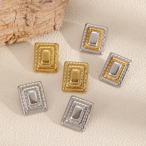 Pendientes geométricos de acero inoxidable a la moda para mujer, joyería para fiesta, diseño rectangular de dos tonos, conjunto de pendientes elegantes - Product Image 3
