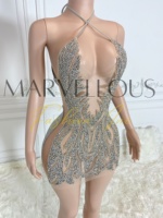 Robe de danse mini élégante en maille polyester brillante à imprimé pailleté et cristaux pour femmes, collection été 2025 MF, idéale pour les spectacles et les anniversaires